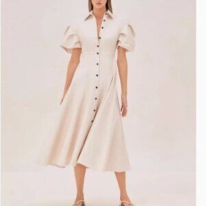 Alexis Amilya Puff-Sleeve Fit & Flare Midi Shirt Dress Ivory Beige Small